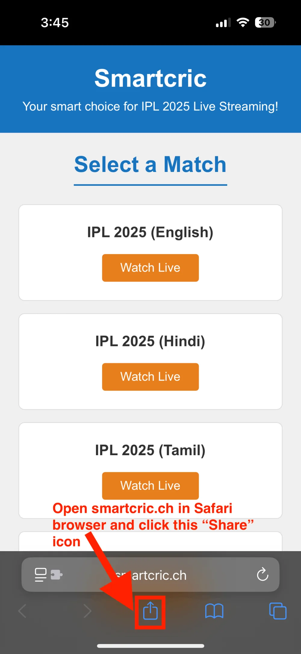 Touchcric open in Safari, with the Share button at the bottom of the screen