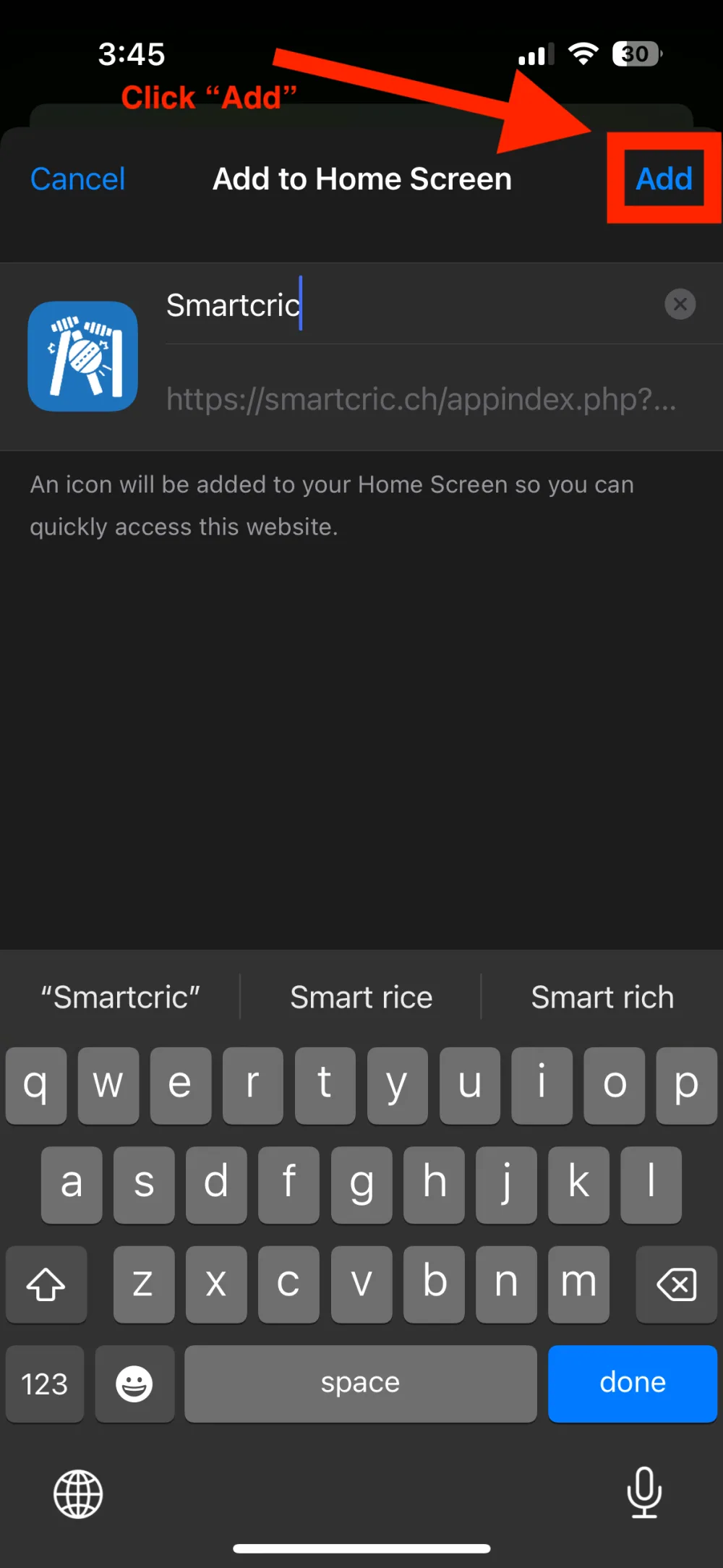 The Add to Home Screen screen, with Add in the top right corner